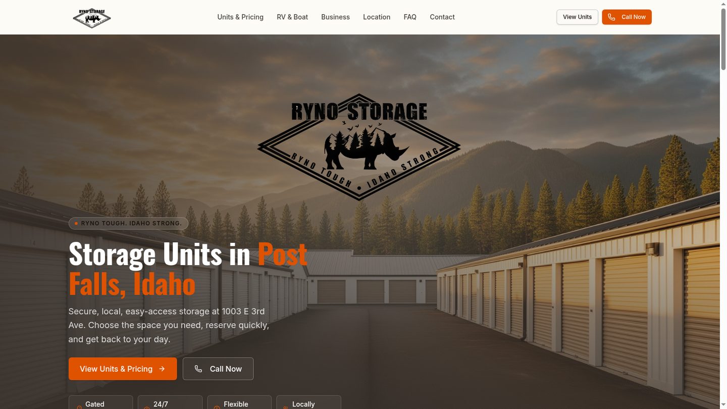 Ryno Storage website homepage screenshot